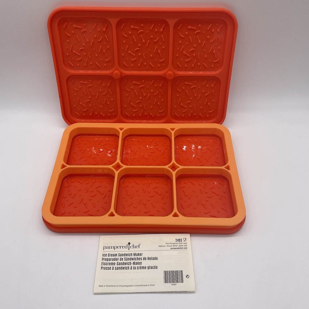 NEW Pampered Chef Ice Cream Sandwich Maker #2493 Orange Silicone + Instructions
